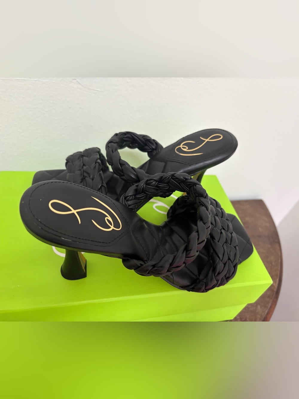 NIB Sam Edelman Meghan Black Nappa Braided Mule Heels Size 8.5 Square Toe - Picture 3 of 9